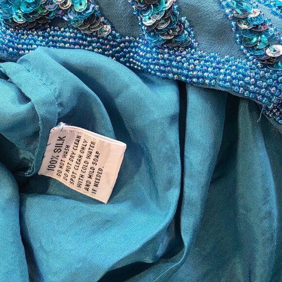 Vintage 80s Oleg Cassini Beaded Sequined Silk Blouse Teal Blue Glam Party - Picture 6 of 11